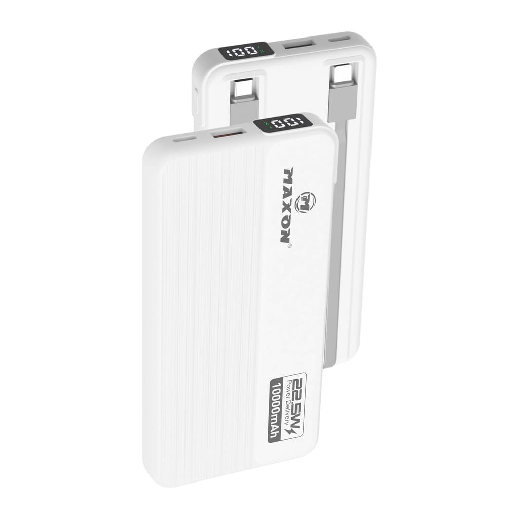 Maxon 10000mAh Power Bank | 22.5W Fast Charging + Power Delivery | Built-in Type-C + iPhone Cables | LED Display | Slim Black